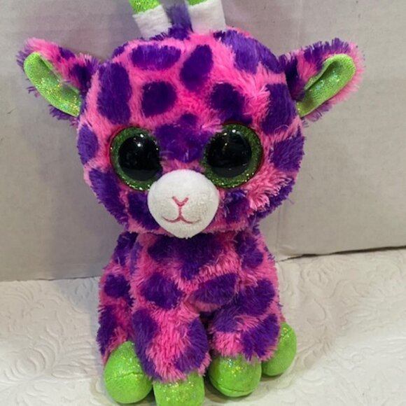Ty Beanie Baby Ty Silk "Gilbert" Giraffe Glitter Eyes 7" Pink Purple Green - Picture 3 of 9